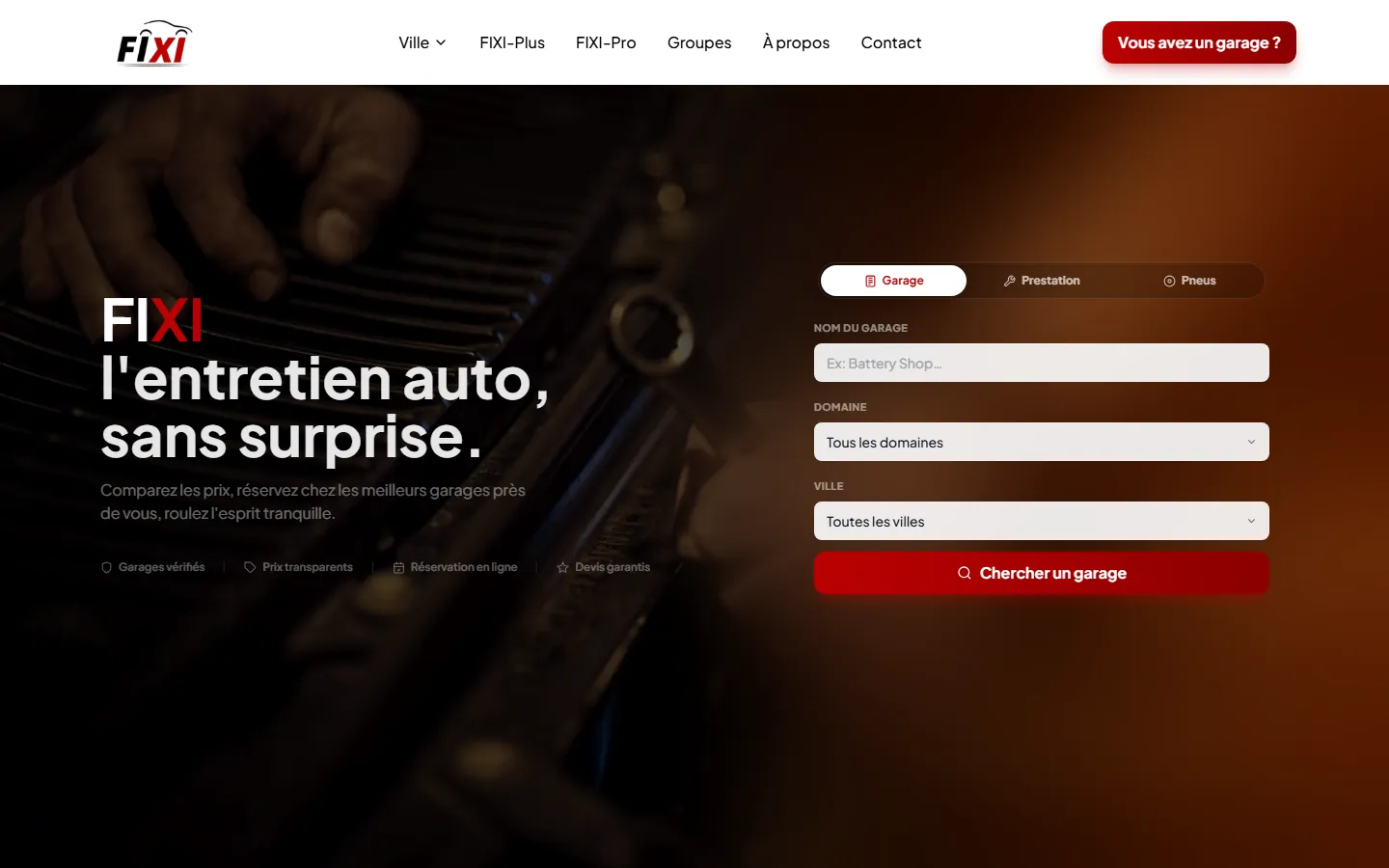 Page d'accueil de la plateforme Fixi, recherche de garages